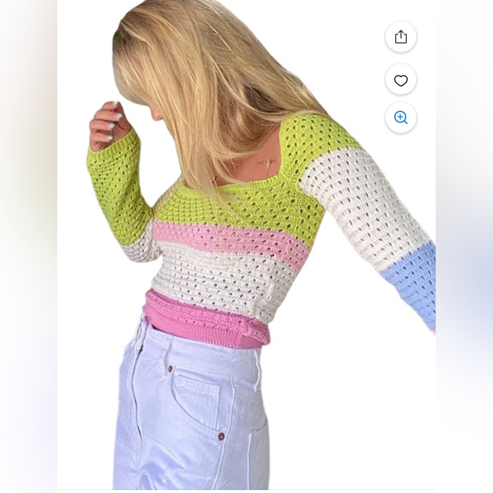 FOCUSNORM Colorblock Sweater Hollow Long Sleeve U-shaped Neck Knit Pullover - Picture 5 of 13
